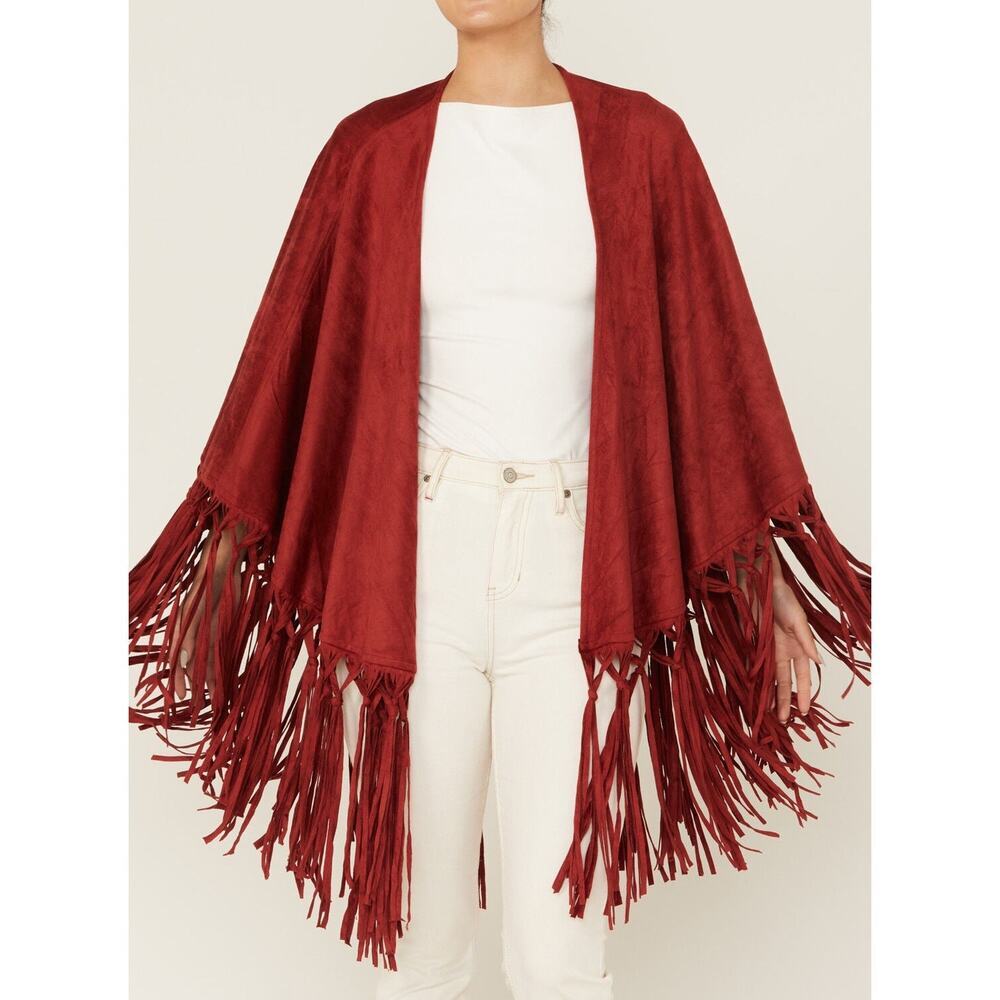 Tasha Polizzi Suede Fringe  Shaw Burgundy Coastal Cowgirl Western Luxe Boho - Picture 8 of 9